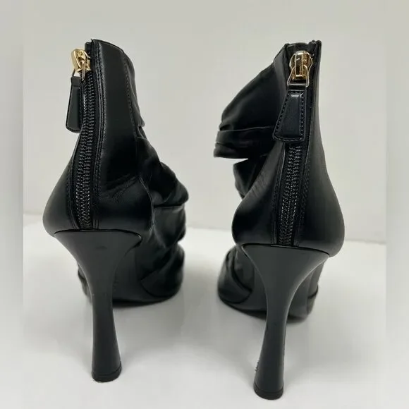 Chanel Ruched Open Toe Leather Camellia Booties Black - Picture 3 of 5